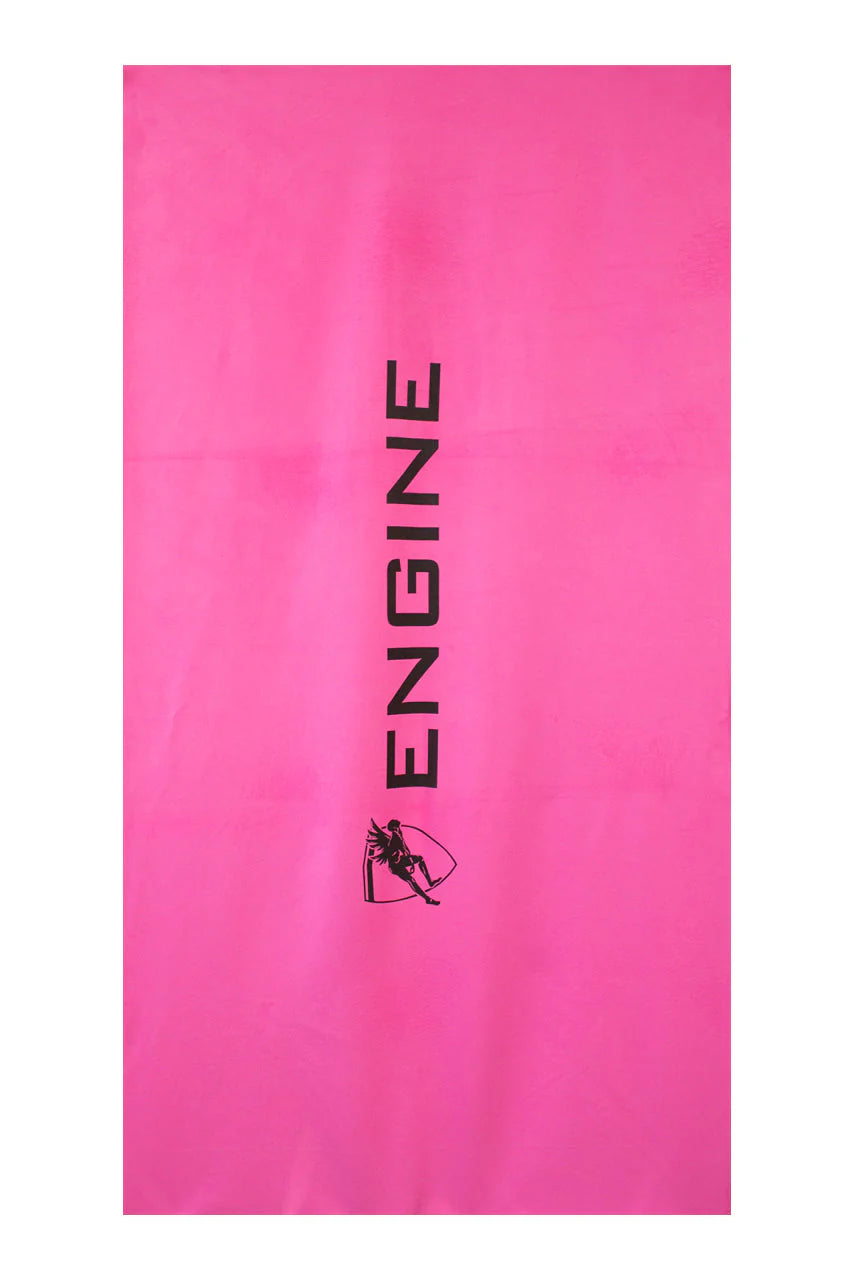 Pink micro fibre towel with 'ENGINE' branding on a white background