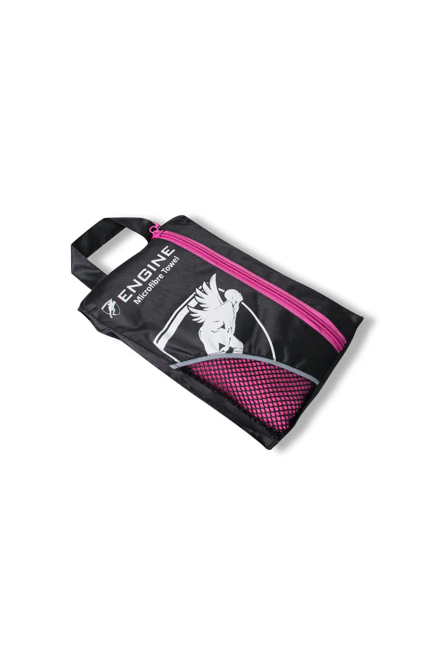 Black pouch with pink zipper and visible branding on a white background