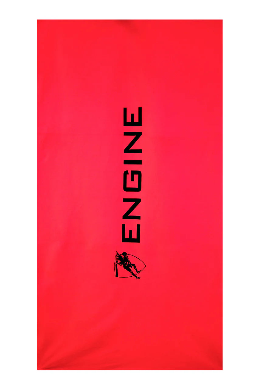 Red micro fibre towel with 'ENGINE' branding on a white background