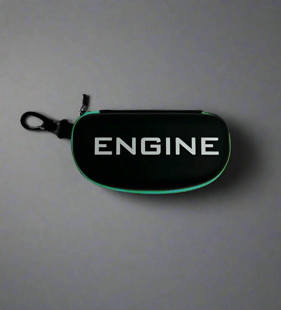 Black goggle case with 'ENGINE' branding on and turquoise trim