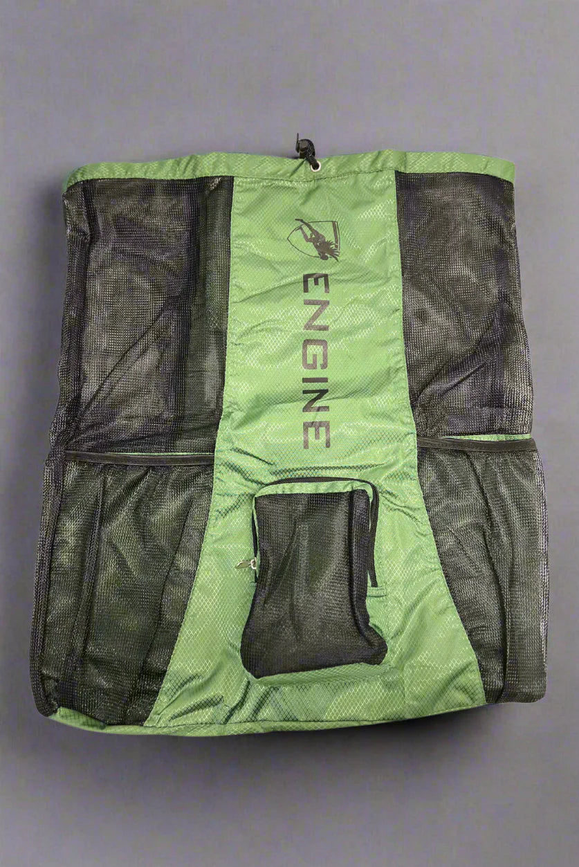 Army green drawstring mesh bag with 'Engine' branding on a grey background