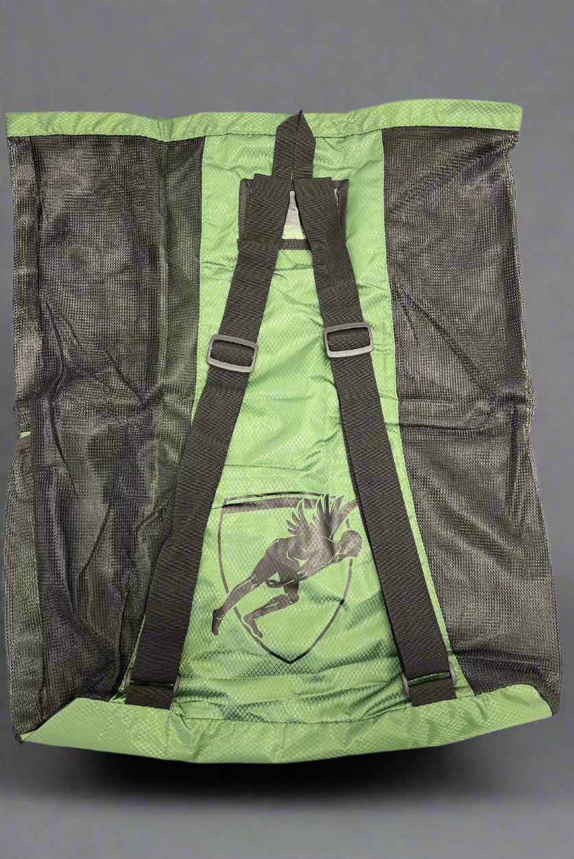 Back view of an army green drawstring mesh bag with shoulder straps and  'Engine' branding on a grey background