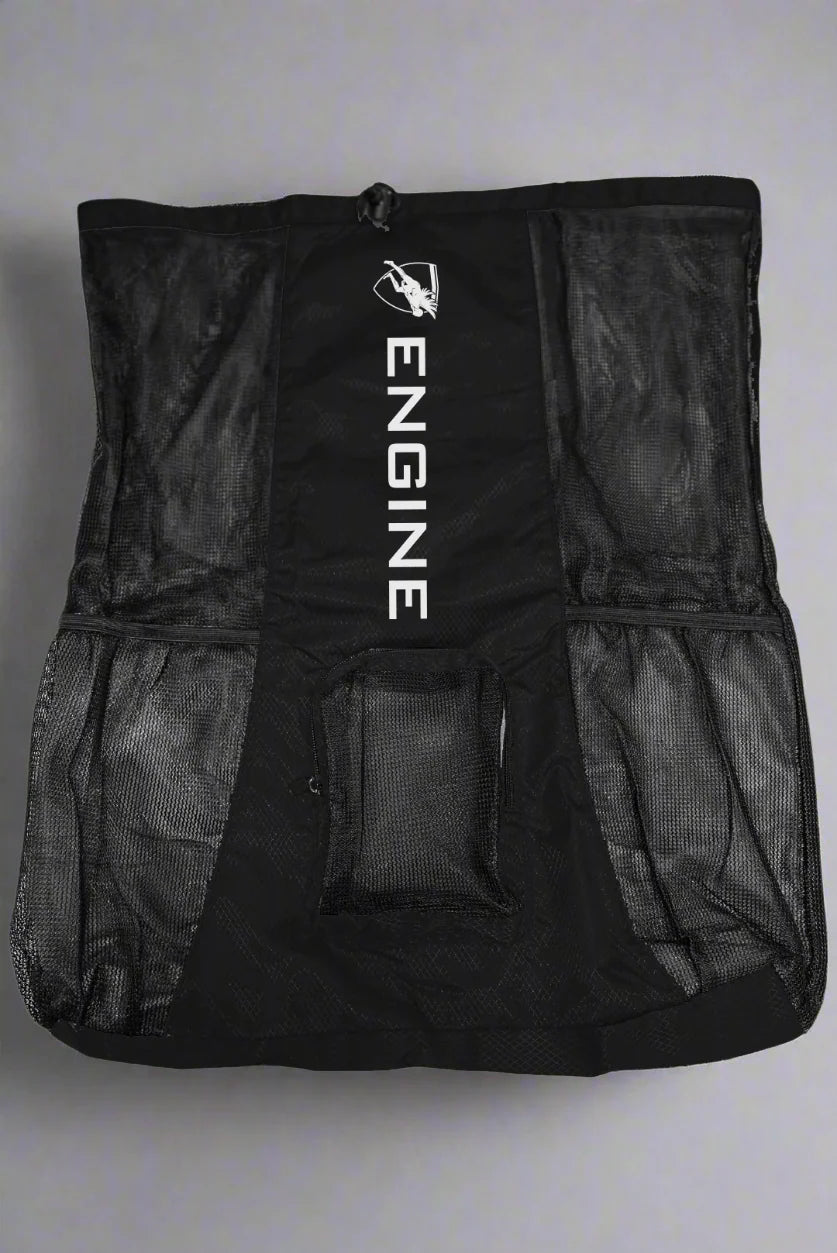 Black drawstring mesh bag with 'Engine' branding on a grey background