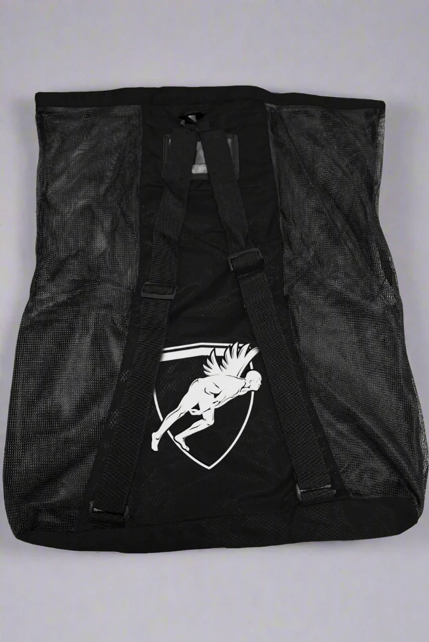 Back view of a black drawstring mesh bag with shoulder straps and 'Engine' branding on a grey background