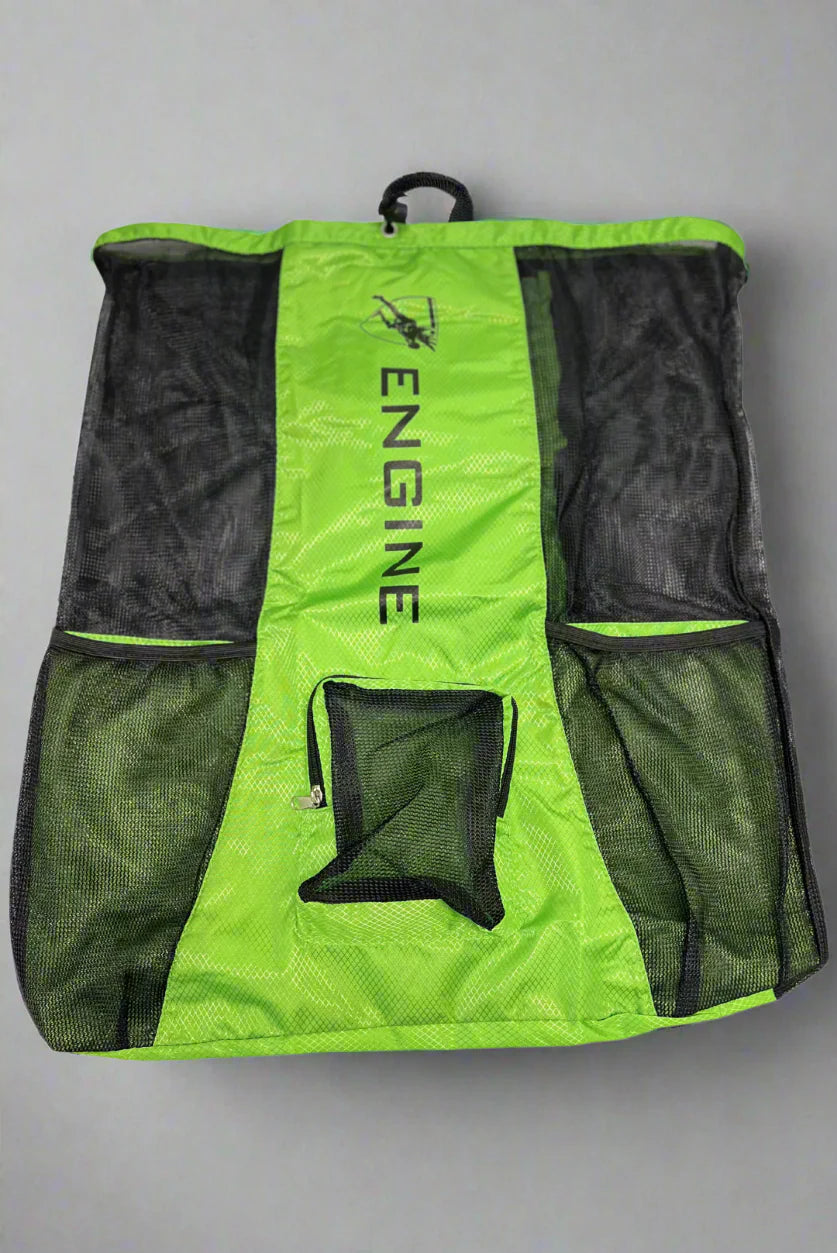 Green drawstring mesh bag with 'Engine' branding on a grey background