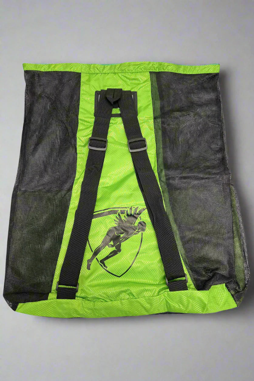 Back view of a green drawstring mesh bag with shoulder straps and 'Engine' branding on a grey background