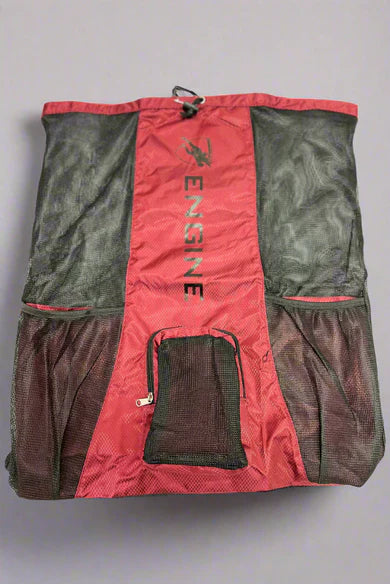 Maroon drawstring mesh bag with 'Engine' branding on a grey background