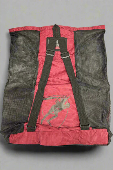 Back view of a maroon drawstring mesh bag with shoulder straps and 'Engine' branding on a grey background