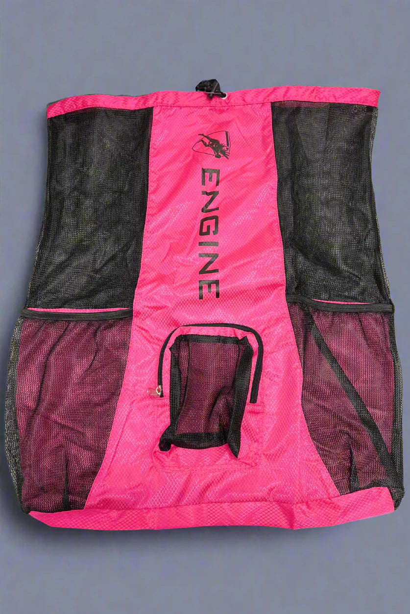Pink drawstring mesh bag with 'Engine' branding on a grey background