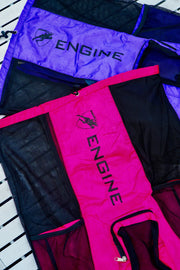 Two drawstring mesh bags with 'Engine' branding one pink and one purple