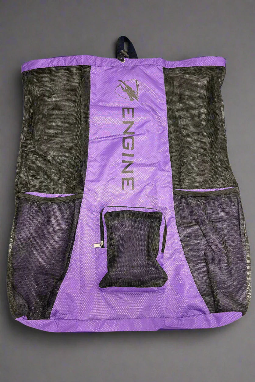 Purple drawstring mesh bag with 'Engine' branding on a grey background