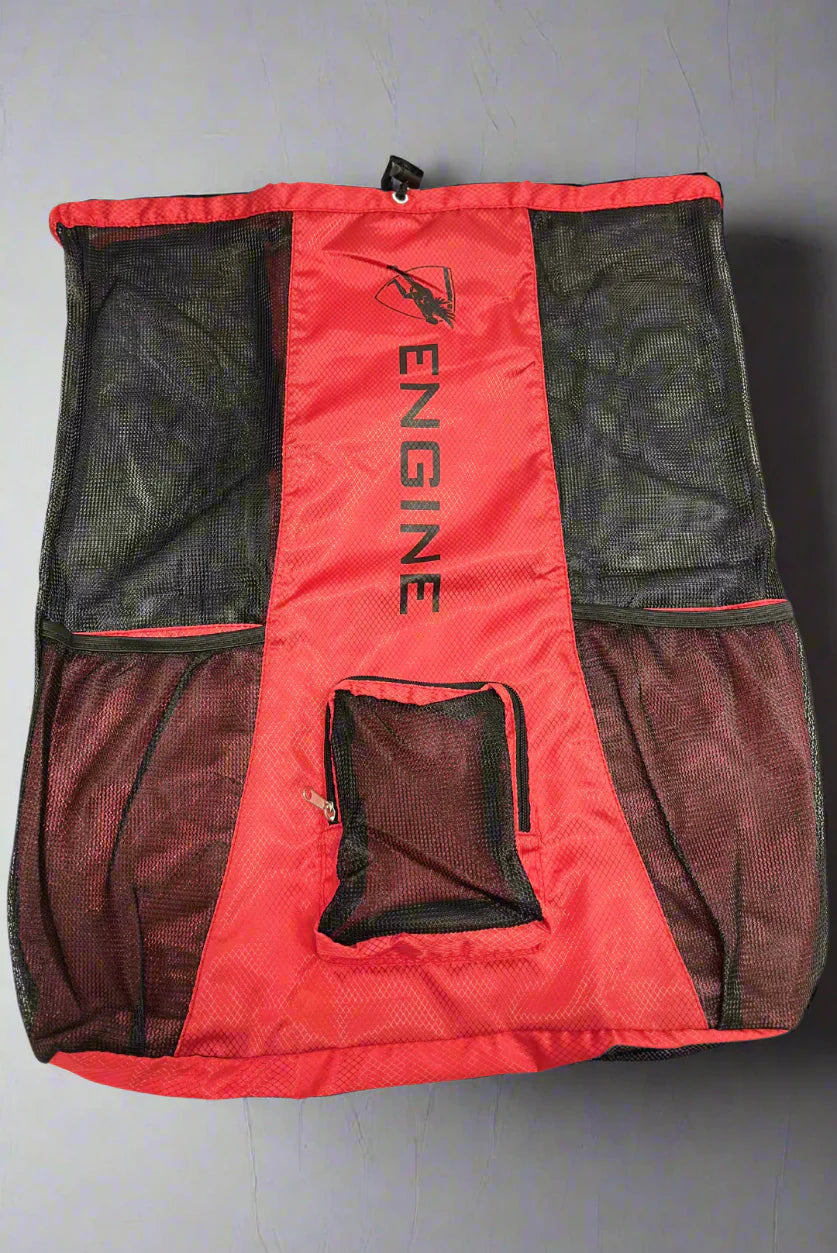 Red drawstring mesh bag with 'Engine' branding on a grey background