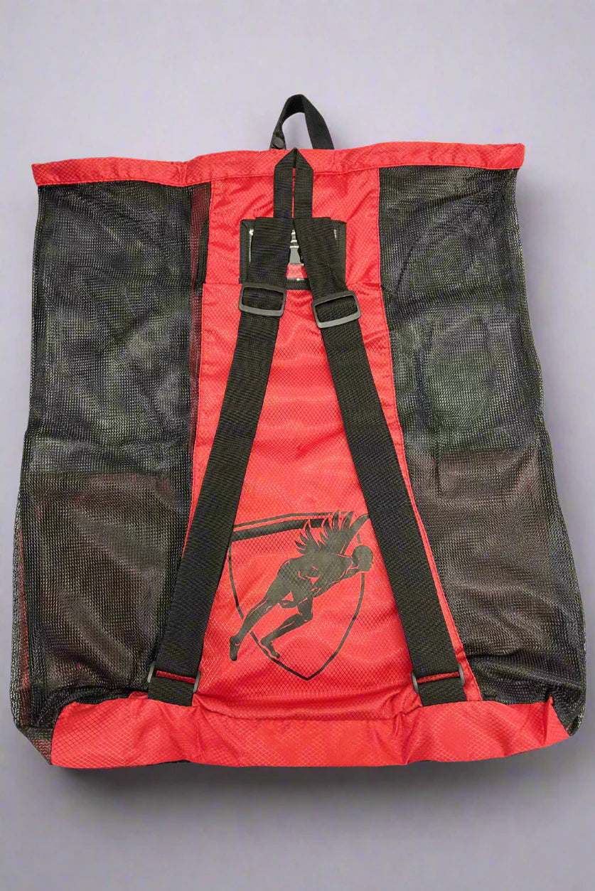 Back view of a red drawstring mesh bag with shoulder straps and 'Engine' branding on a grey background