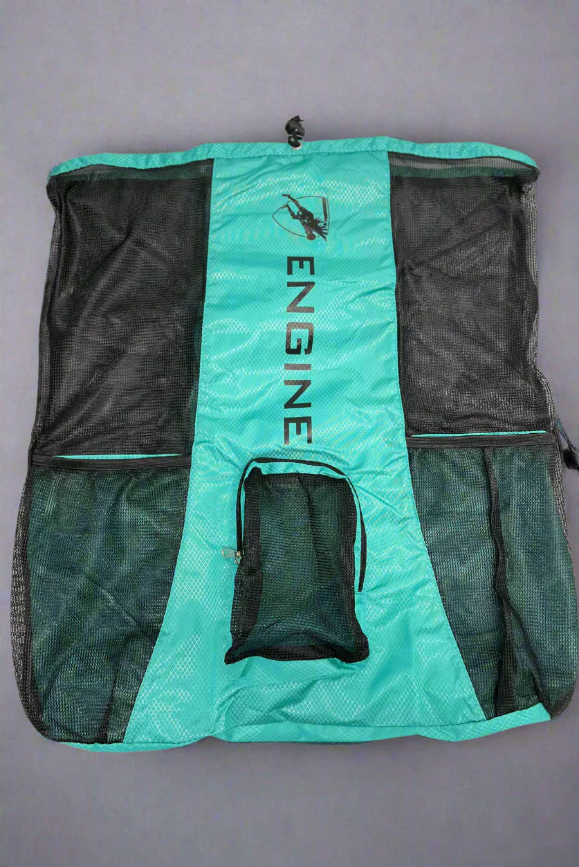 Turqua drawstring mesh bag with 'Engine' branding on a grey background