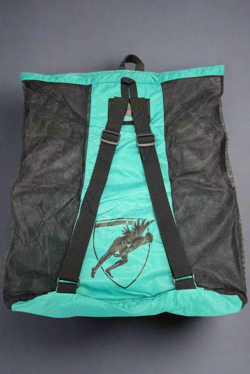 Back view of a turqua drawstring mesh bag with shoulder straps and 'Engine' branding on a grey background