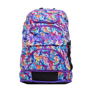 Colourful backpack with a vibrant pattern with purple 'Funkita' branding on a white background