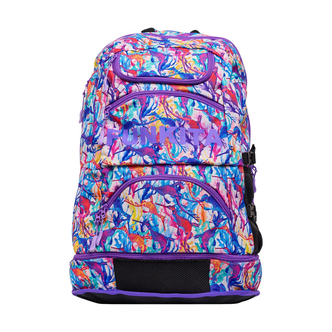 Colourful backpack with a vibrant pattern with purple 'Funkita' branding on a white background