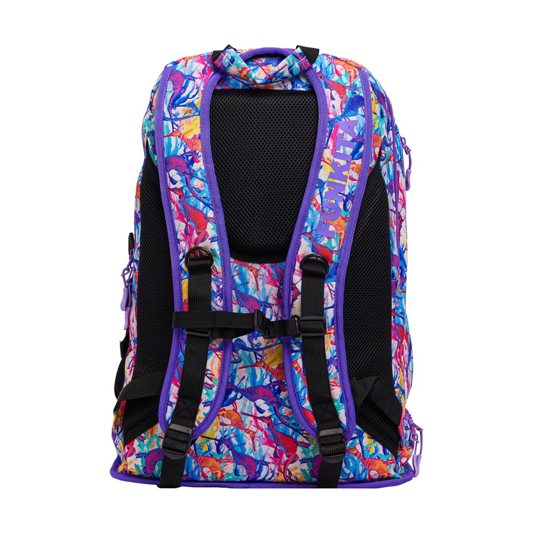 Back view of a colourful backpack with a vibrant pattern, back straps and purple 'Funkita' branding on a white background
