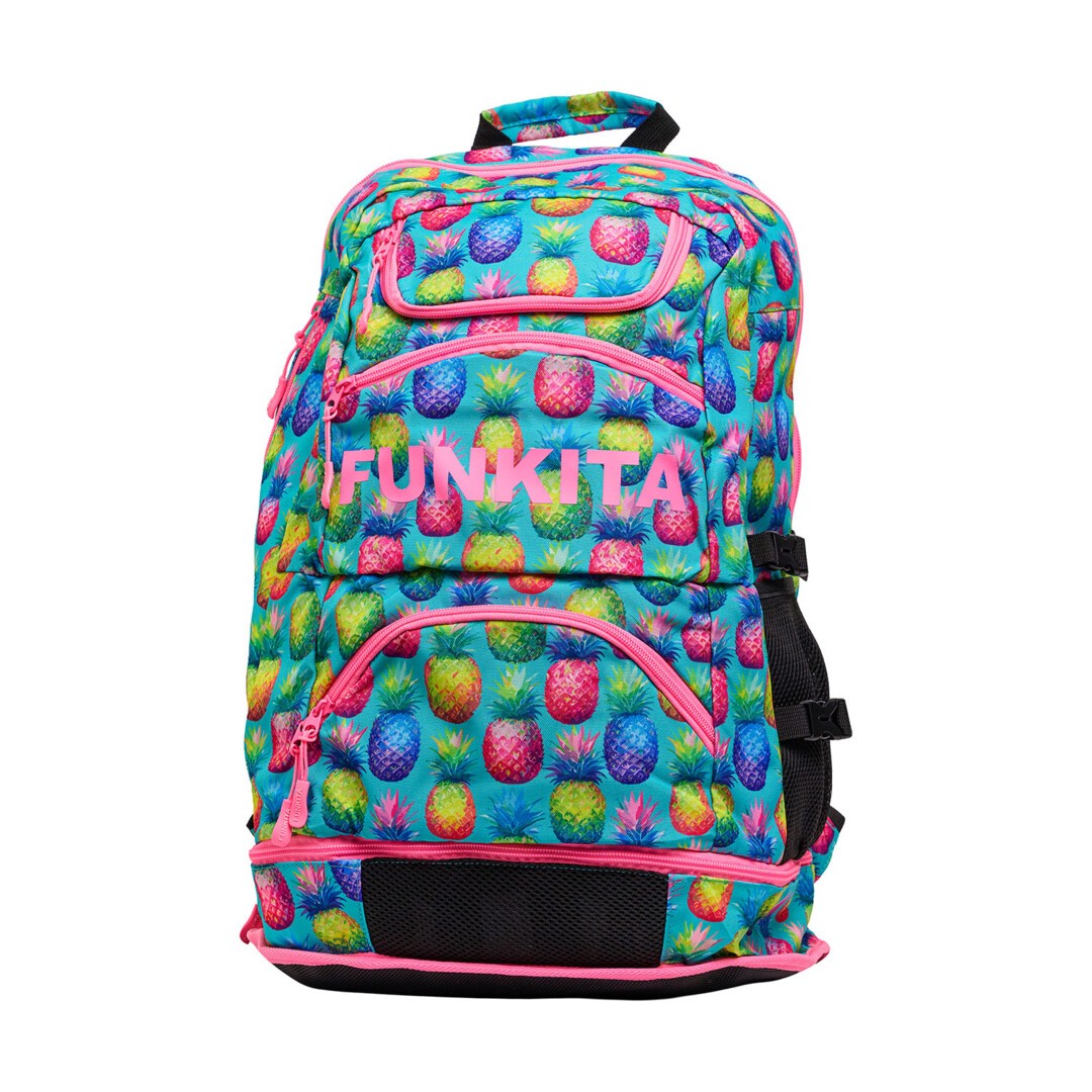 Colourful backpack with fun pineapple pattern and 'Funkita' branding on a white background