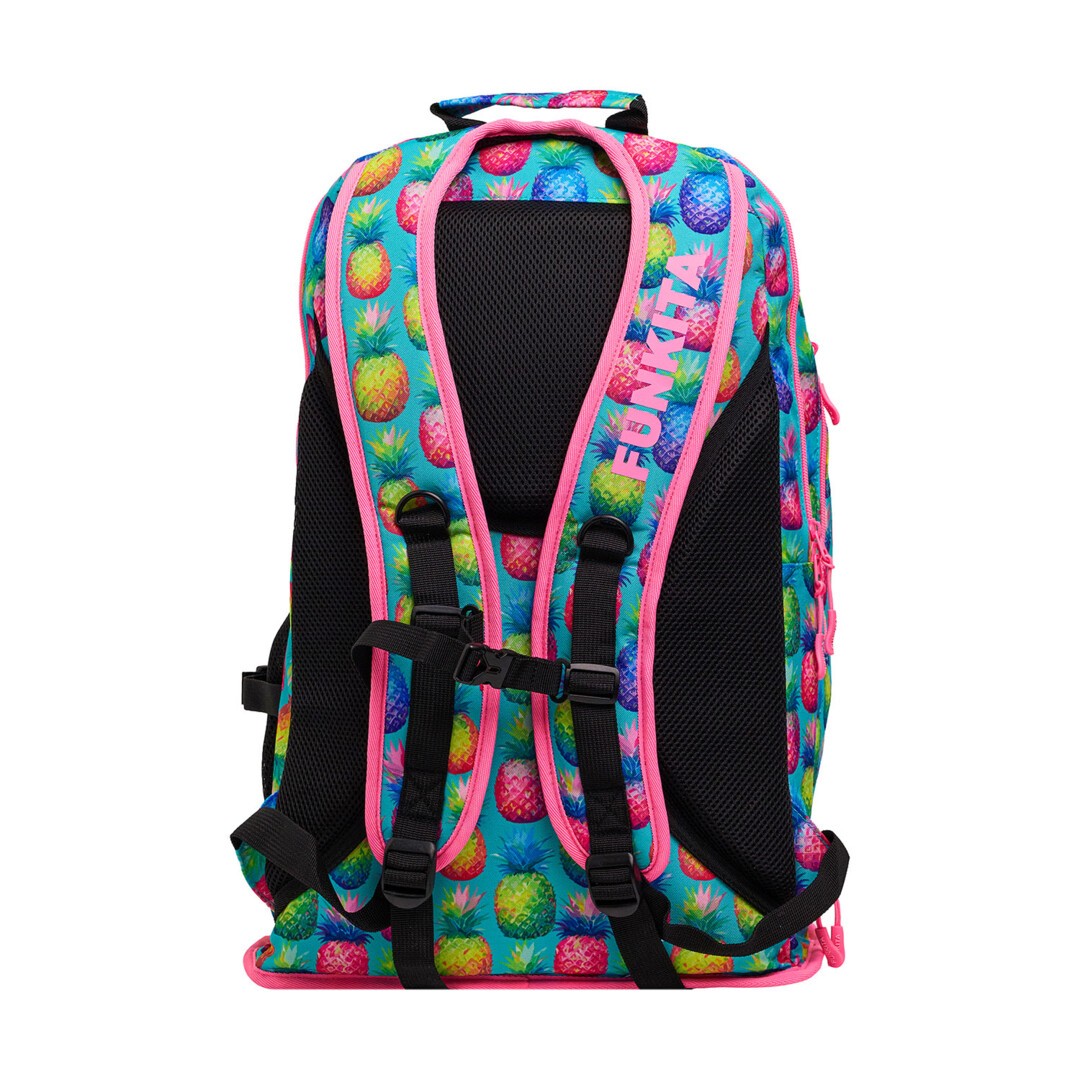 Back view of a colourful backpack with fun pineapple pattern, back straps and pink 'Funkita' branding on a white background