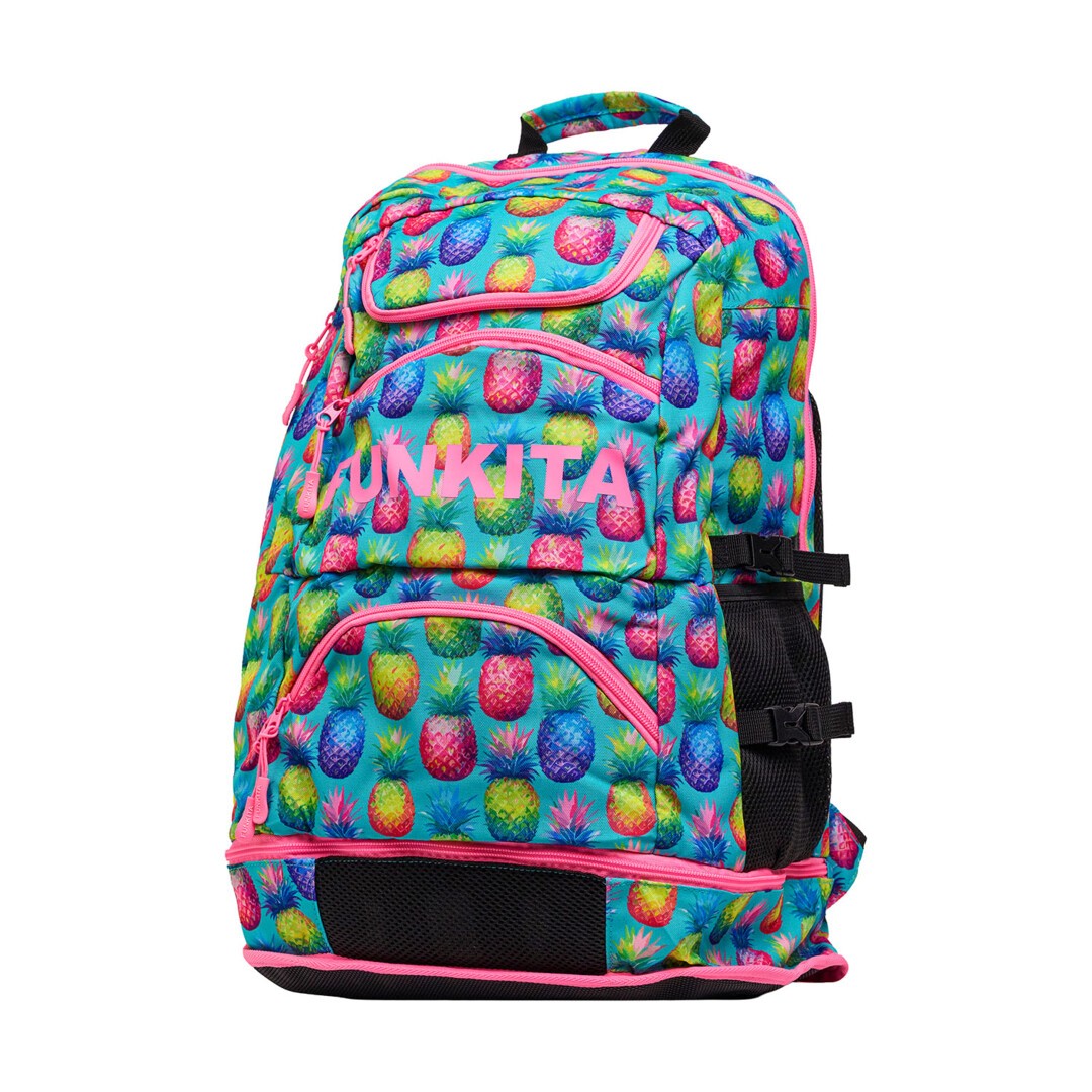 Front view of a colourful backpack with fun pineapple pattern and 'Funkita' branding on a white background