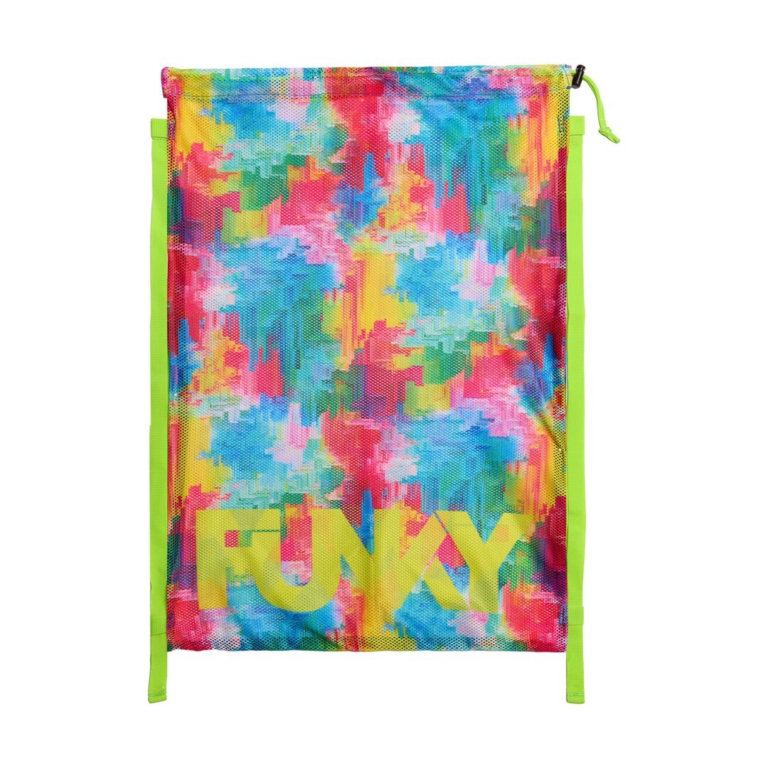 A swimming mesh bag featuring a vibrant, multicolour abstract pattern in shades of blue, pink, yellow, and green. 'FUNKY' is printed in large, bold yellow letters across the bottom.