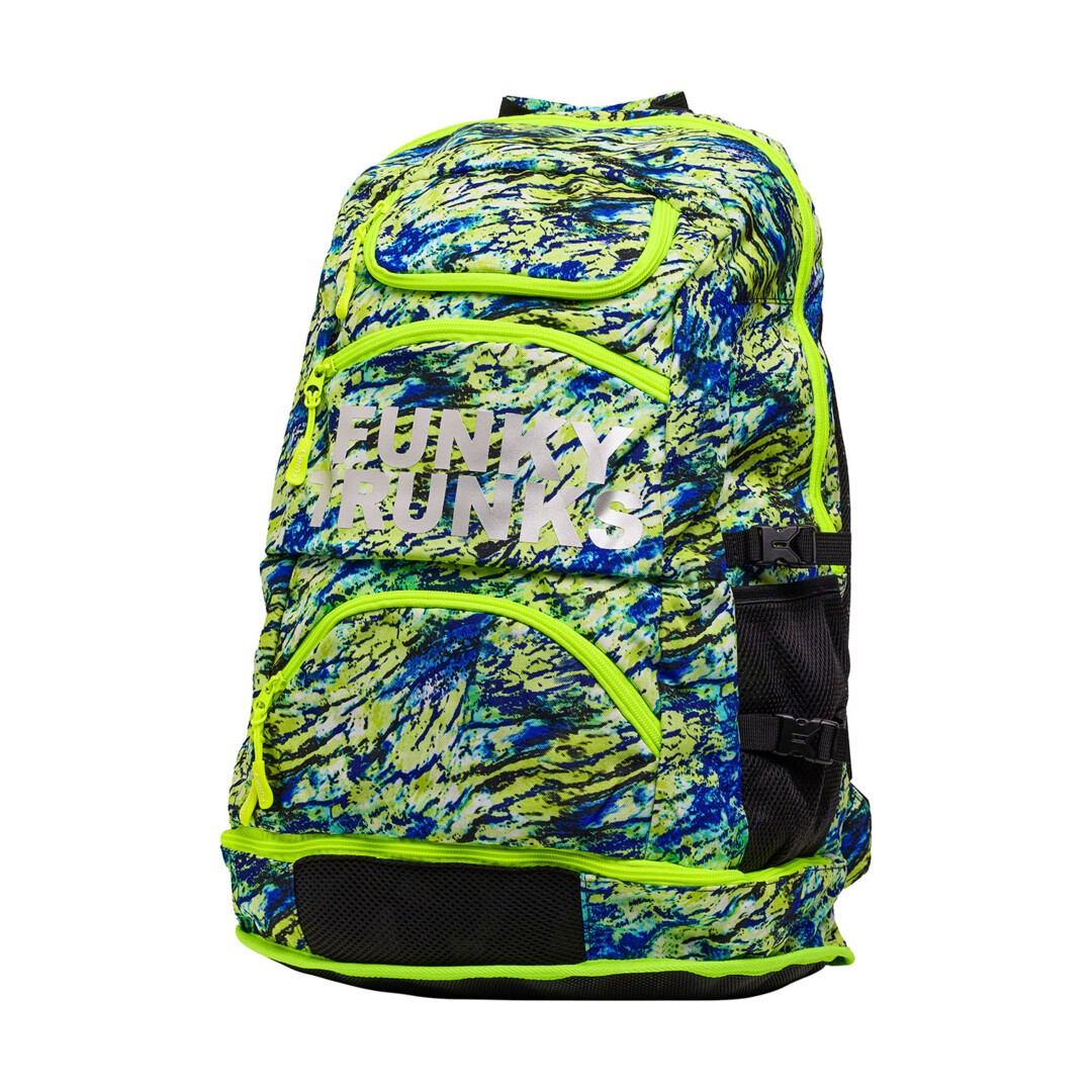 Colourful blue and green backpack with 'Funky Trunks' branding on a white background
