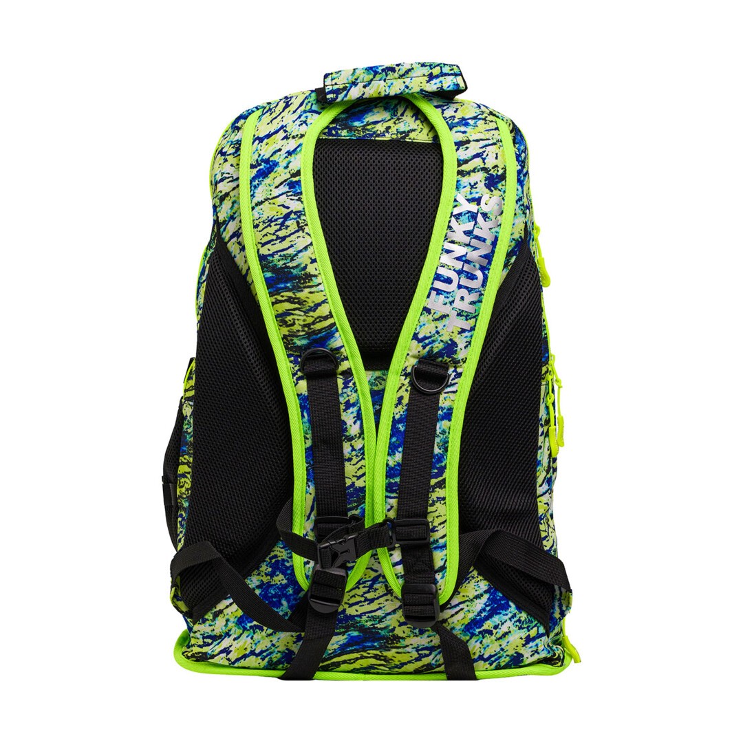 Back view of a colourful blue and green backpack with back straps and 'Funky Trunks' branding on a white background