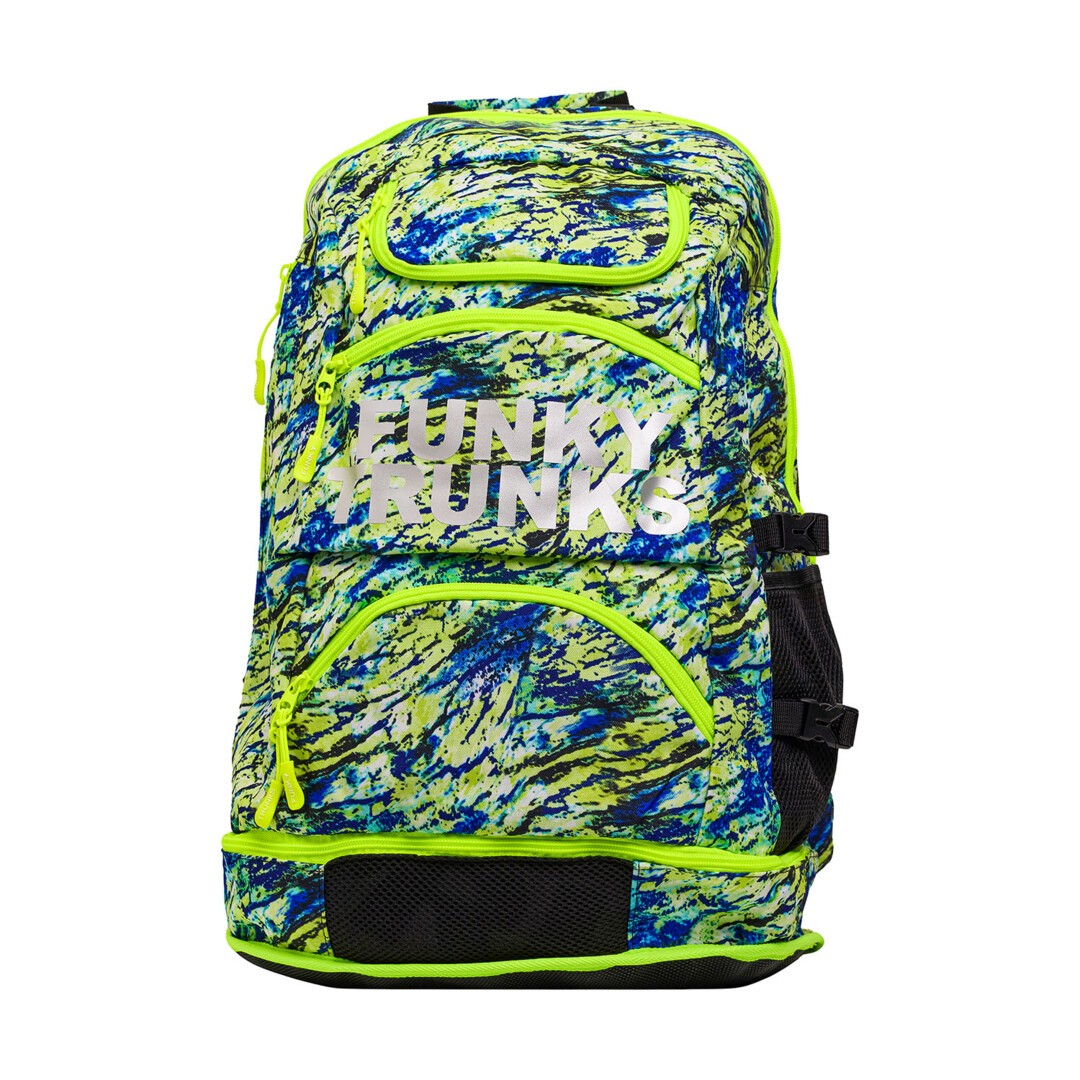 Front view of a colourful blue and green backpack with 'Funky Trunks' branding on a white background