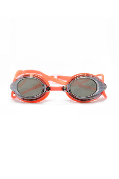 Front view of a pair of Engine Weapon Goggles with mirrored lens and a coral strap.